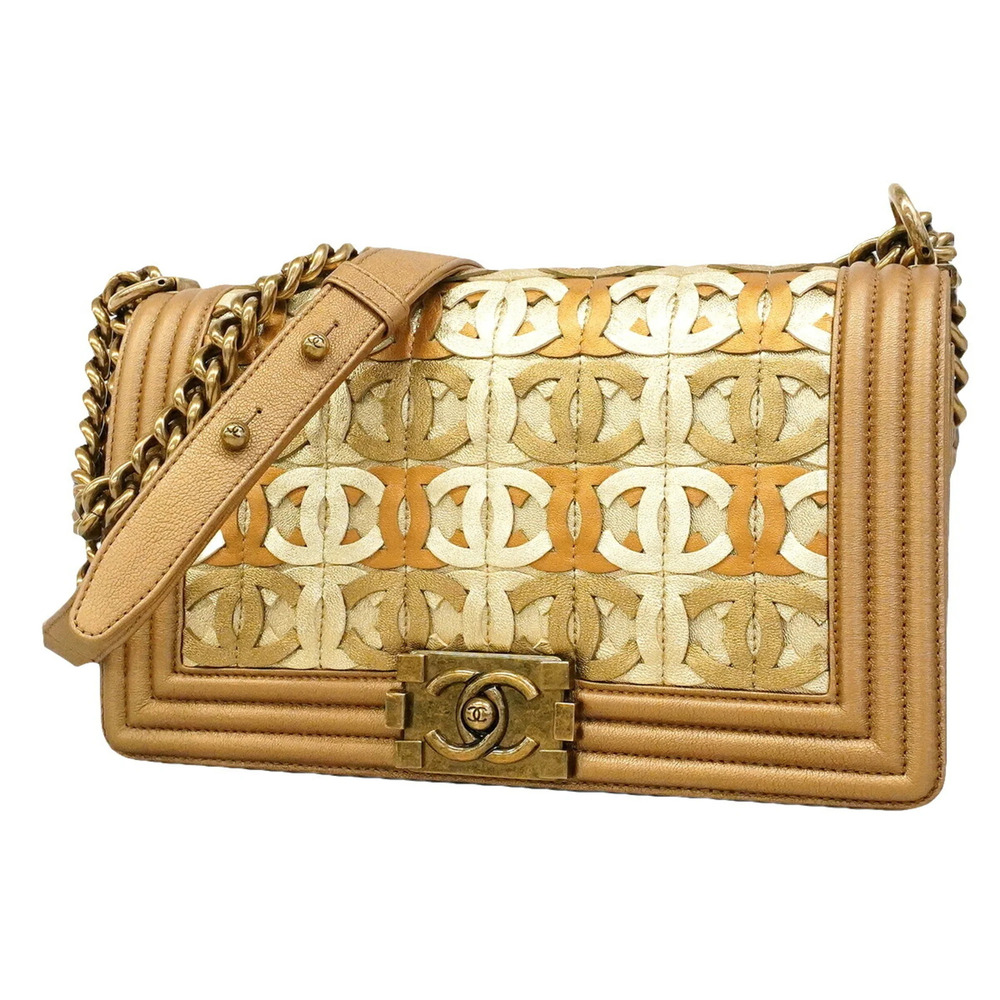Chanel Boy Chain Shoulder Bag, Leather, Gold and Light Brown, Women's, OP012068